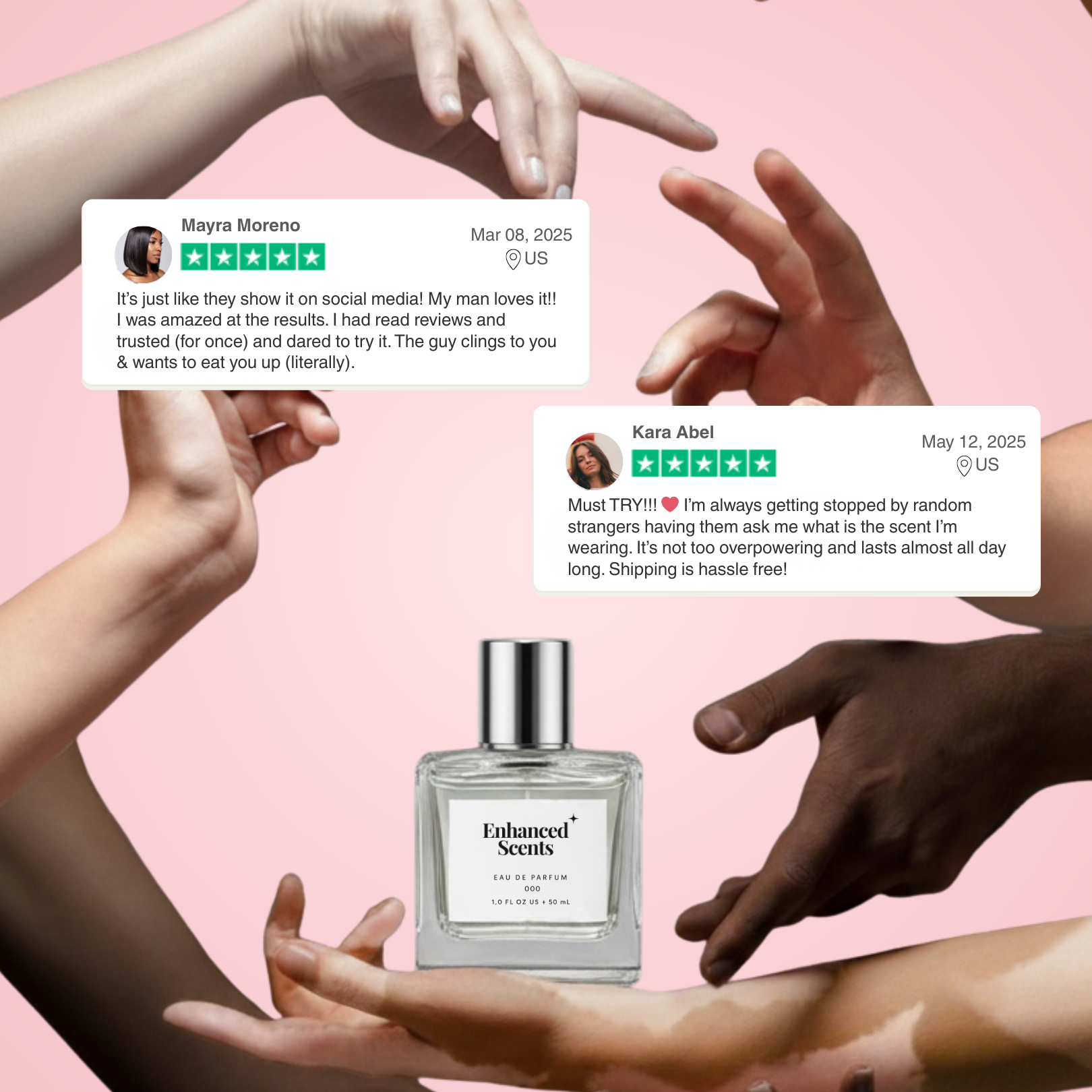 Hands and perfume bottle with two text reviews on a pink background.