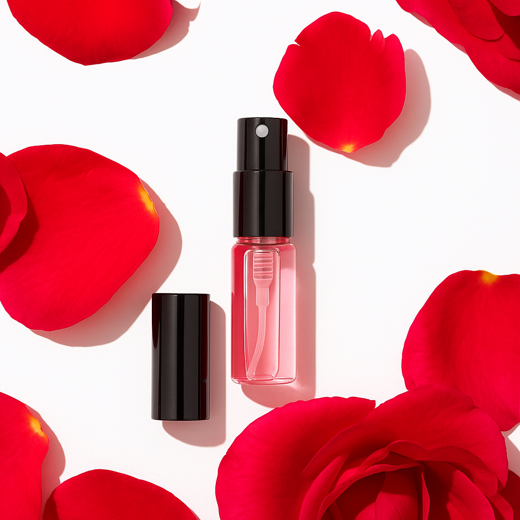 Perfume bottle surrounded by red rose petals on a white background.