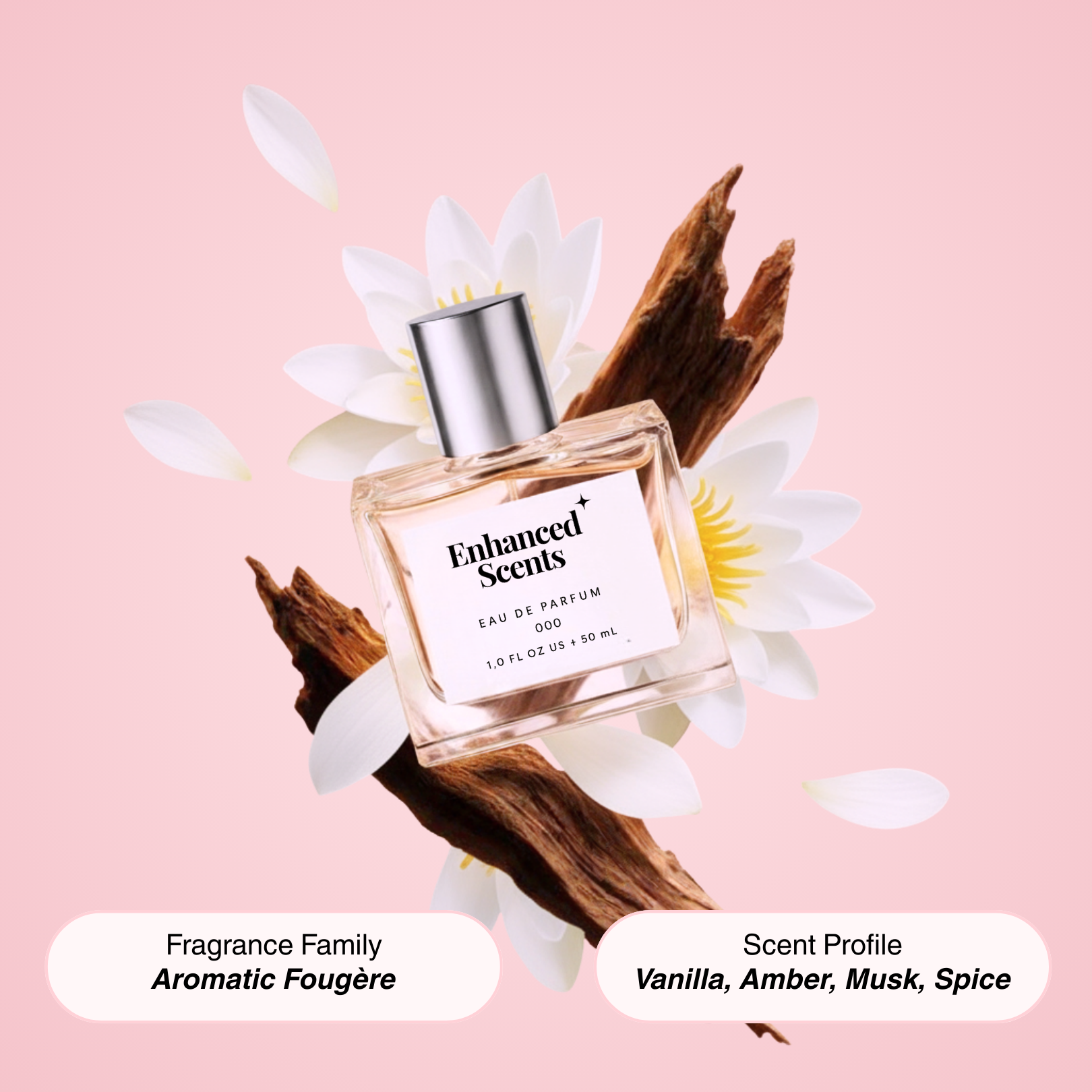 Perfume bottle with lotus flowers and wood on a pink background.