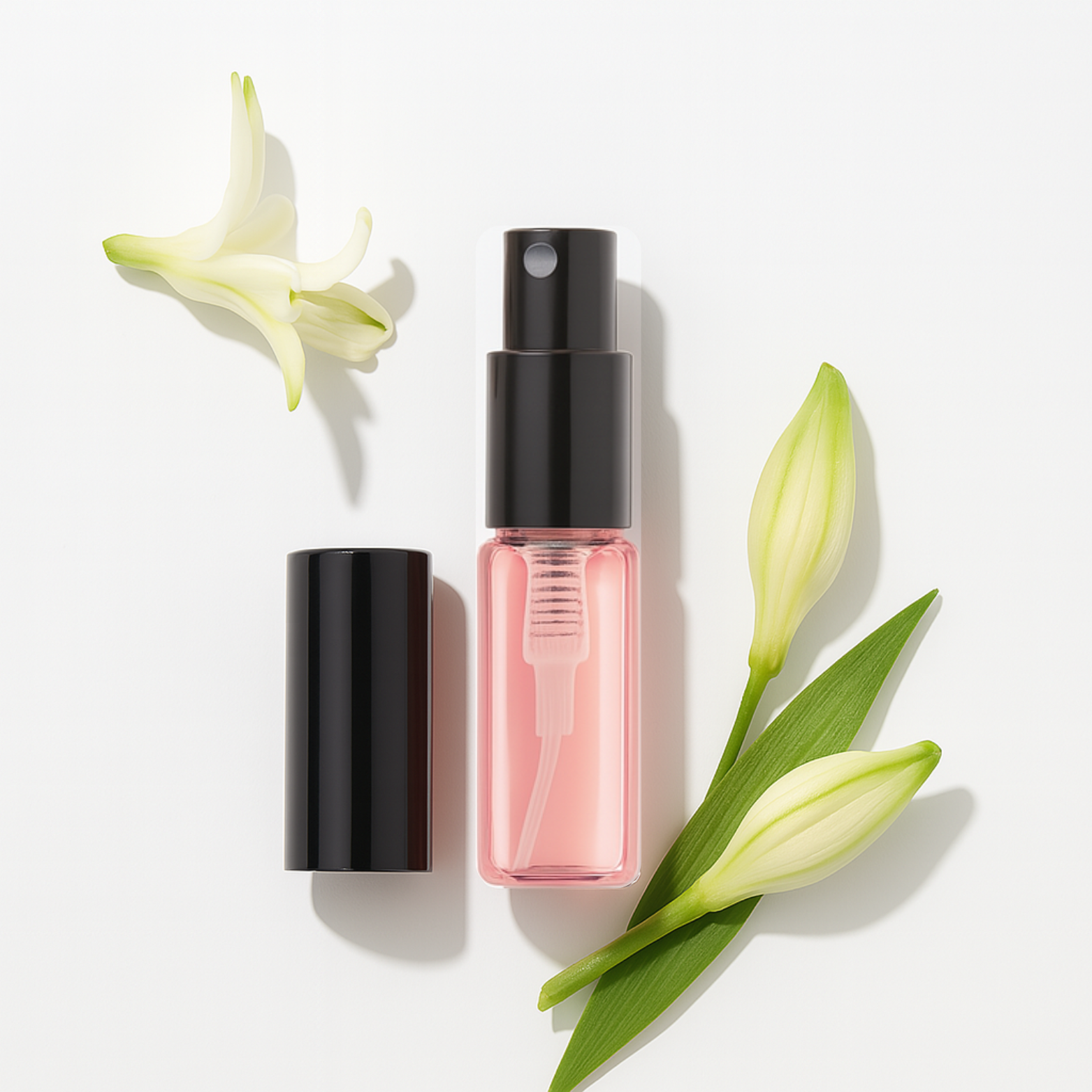 Pink spray bottle with black cap, white flowers, and green leaves on white background.