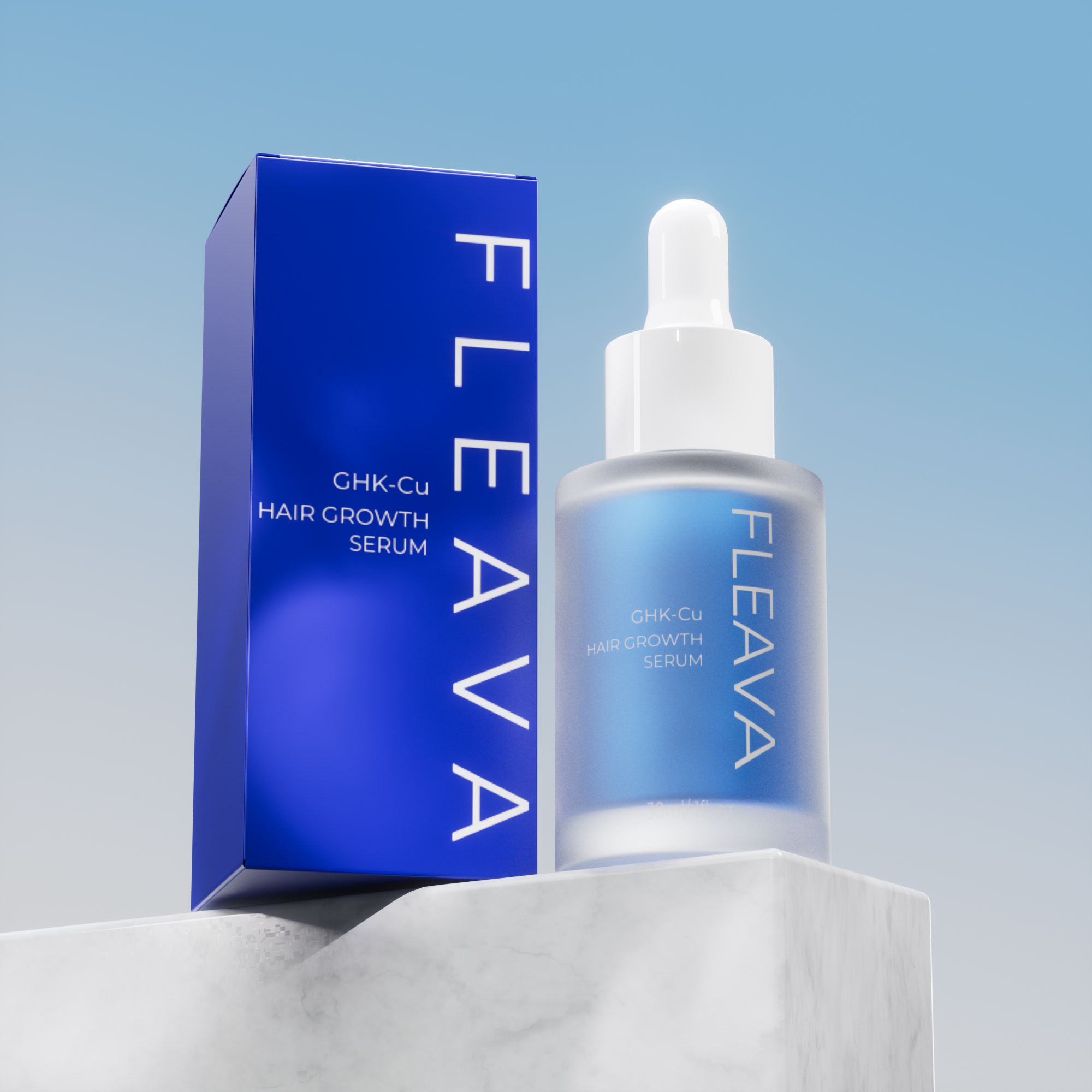 Bottle and box of Fleava hair growth serum on marble surface.