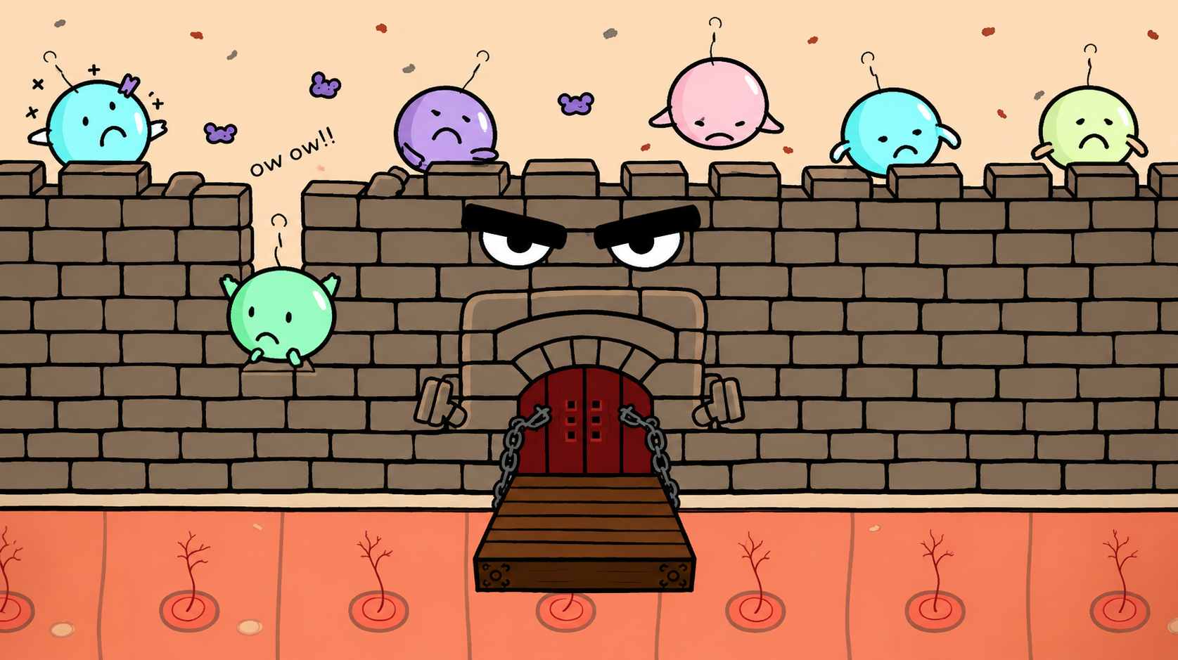 A cartoon of an angry castle wall with sad, colorful, round creatures on its battlements.