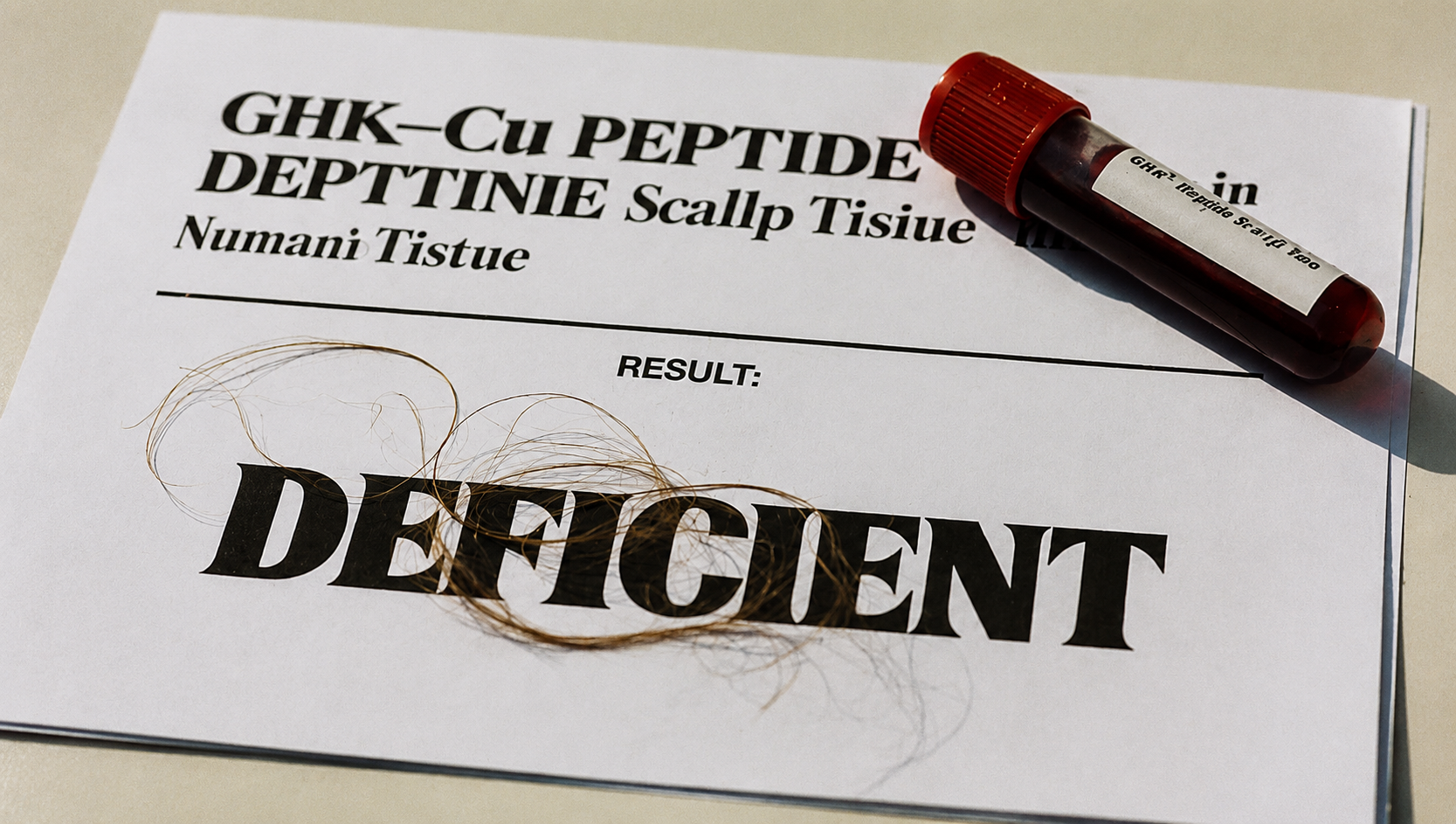 A test result paper showing 'DEFICIENT' with a lock of hair and a vial of blood on it.
