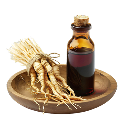 A bunch of ginseng roots and a bottle of dark liquid sit in a wooden bowl.