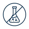 A blue line icon of a chemical flask inside a circle with a diagonal line through it.