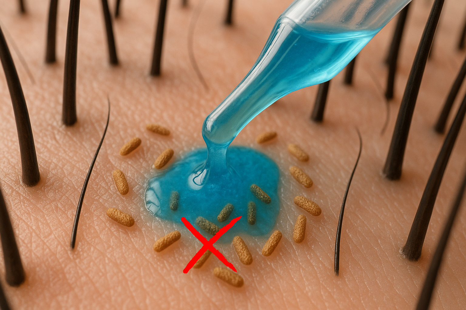 Blue liquid applied to skin with hair and small particles.