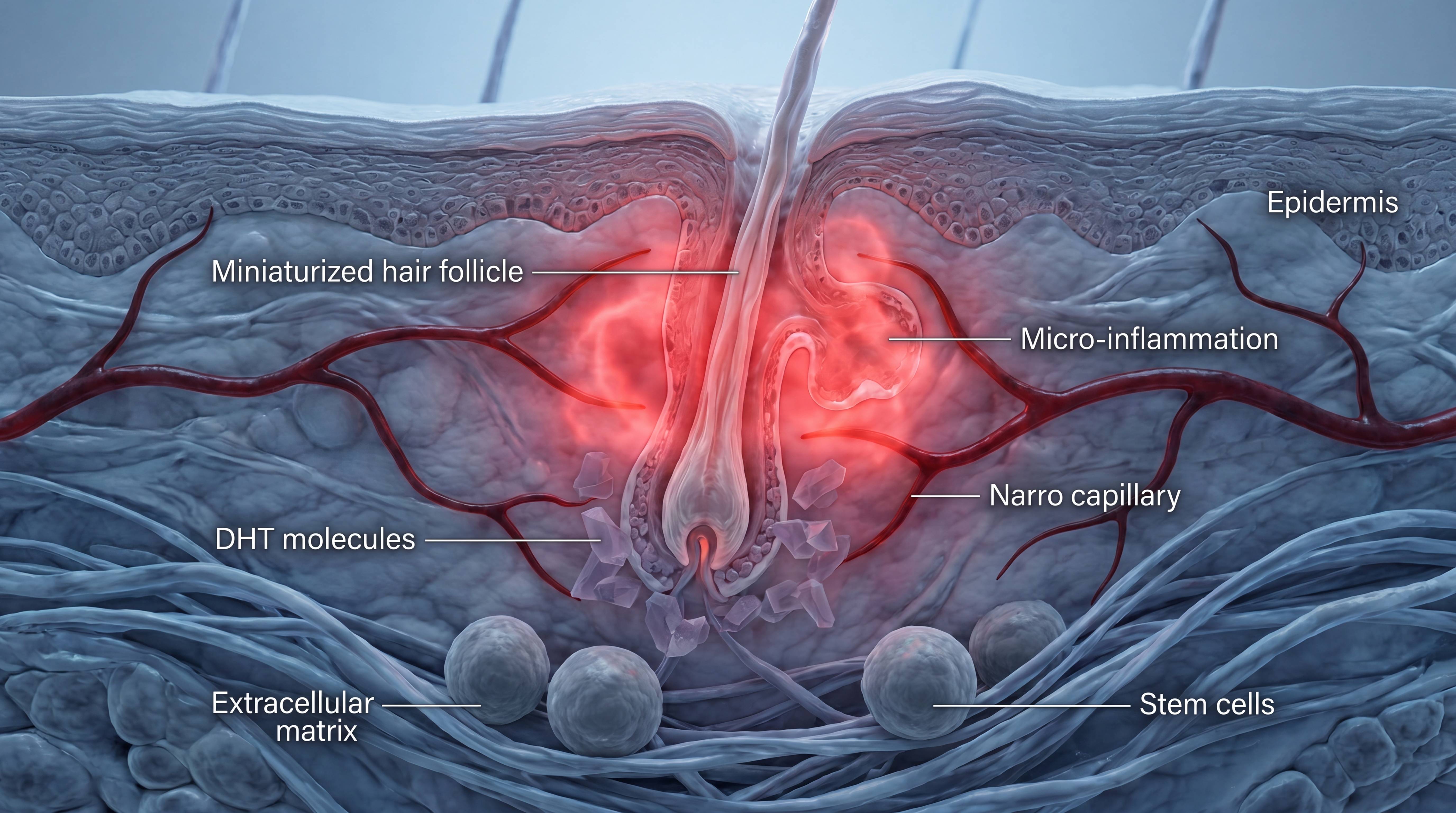 A labeled medical diagram of a miniaturized hair follicle, showing inflammation, narrow capillaries, and DHT molecules in the skin.