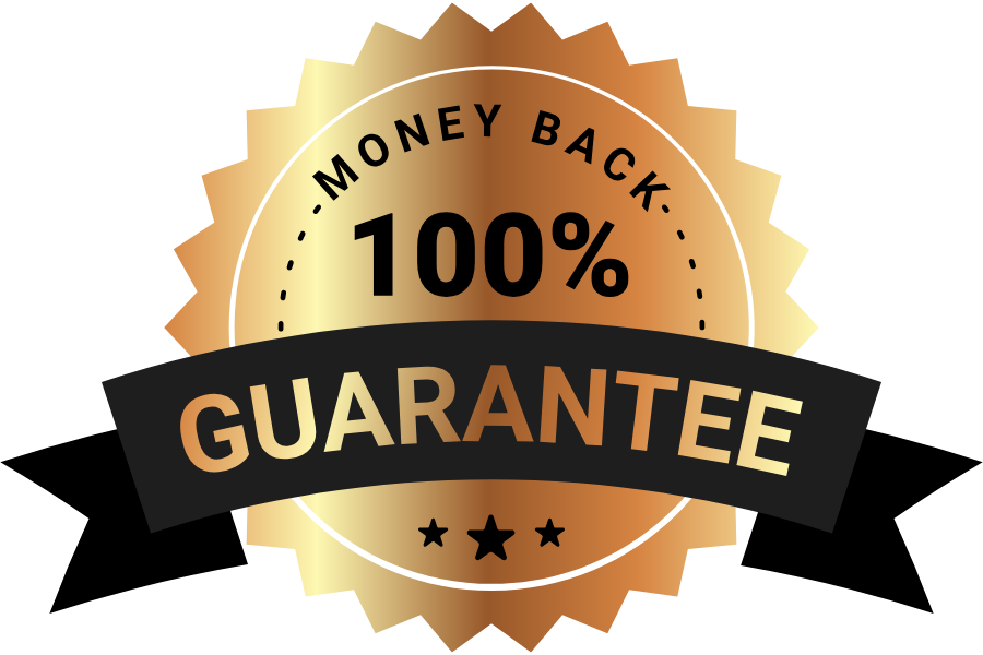 Gold badge with '100% Money Back Guarantee' text.
