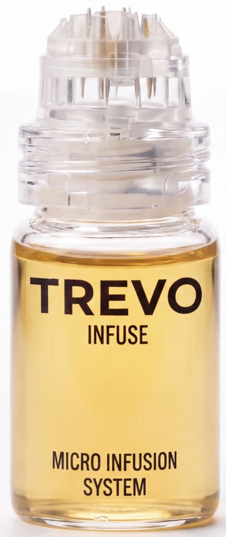 A close-up of a Trevo Infuse Micro Infusion System bottle with its microneedle applicator cap.