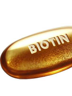 A close-up of a golden softgel capsule with the word BIOTIN embossed on its surface.