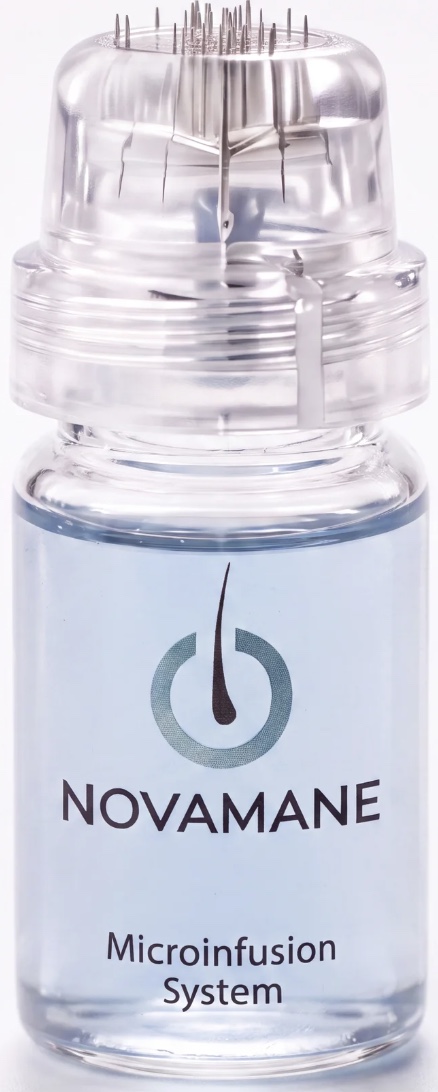 A Novamane Microinfusion System vial with its microneedle applicator head against a white background.
