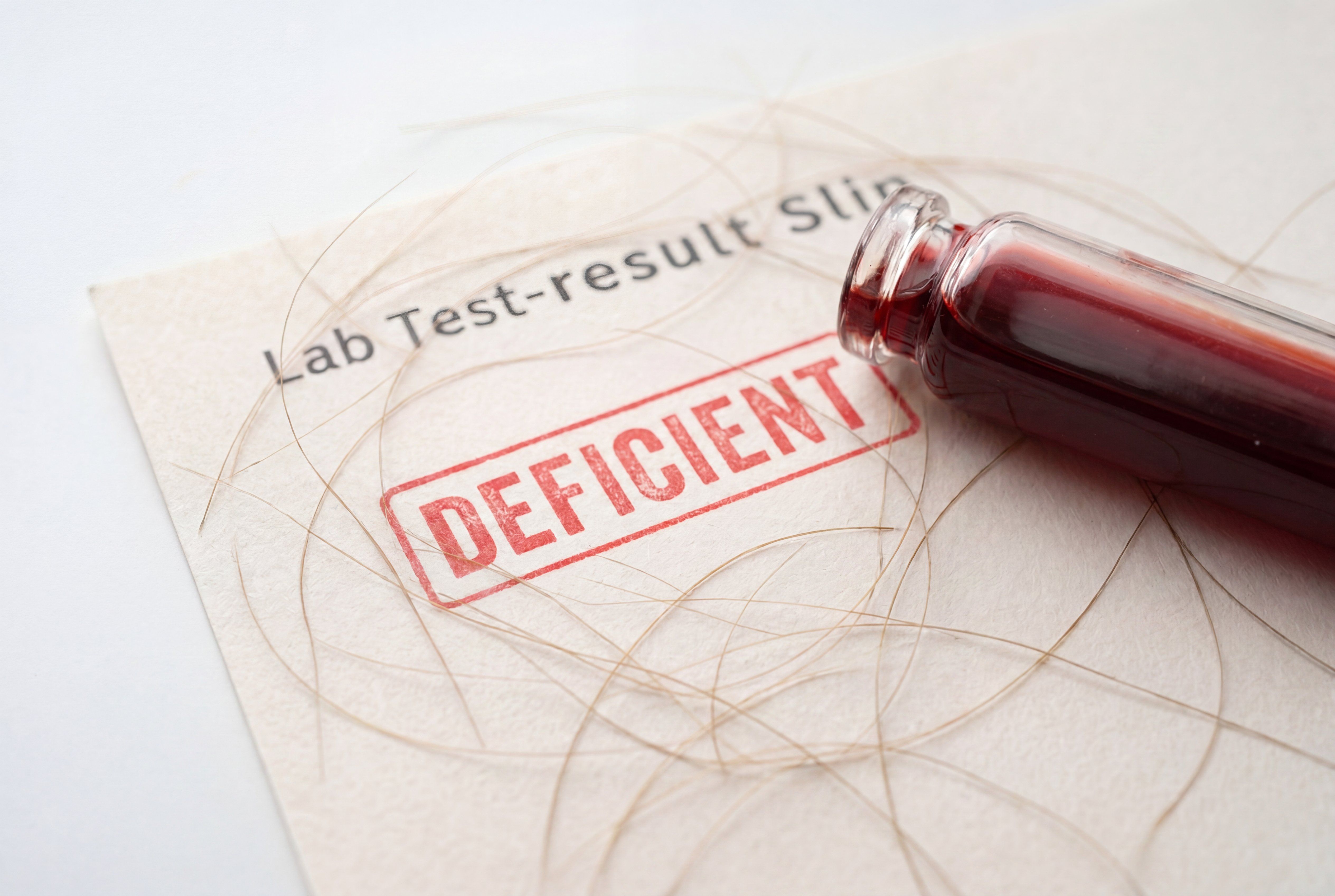 A lab test result slip stamped 'DEFICIENT' with a vial of blood and strands of hair on top.