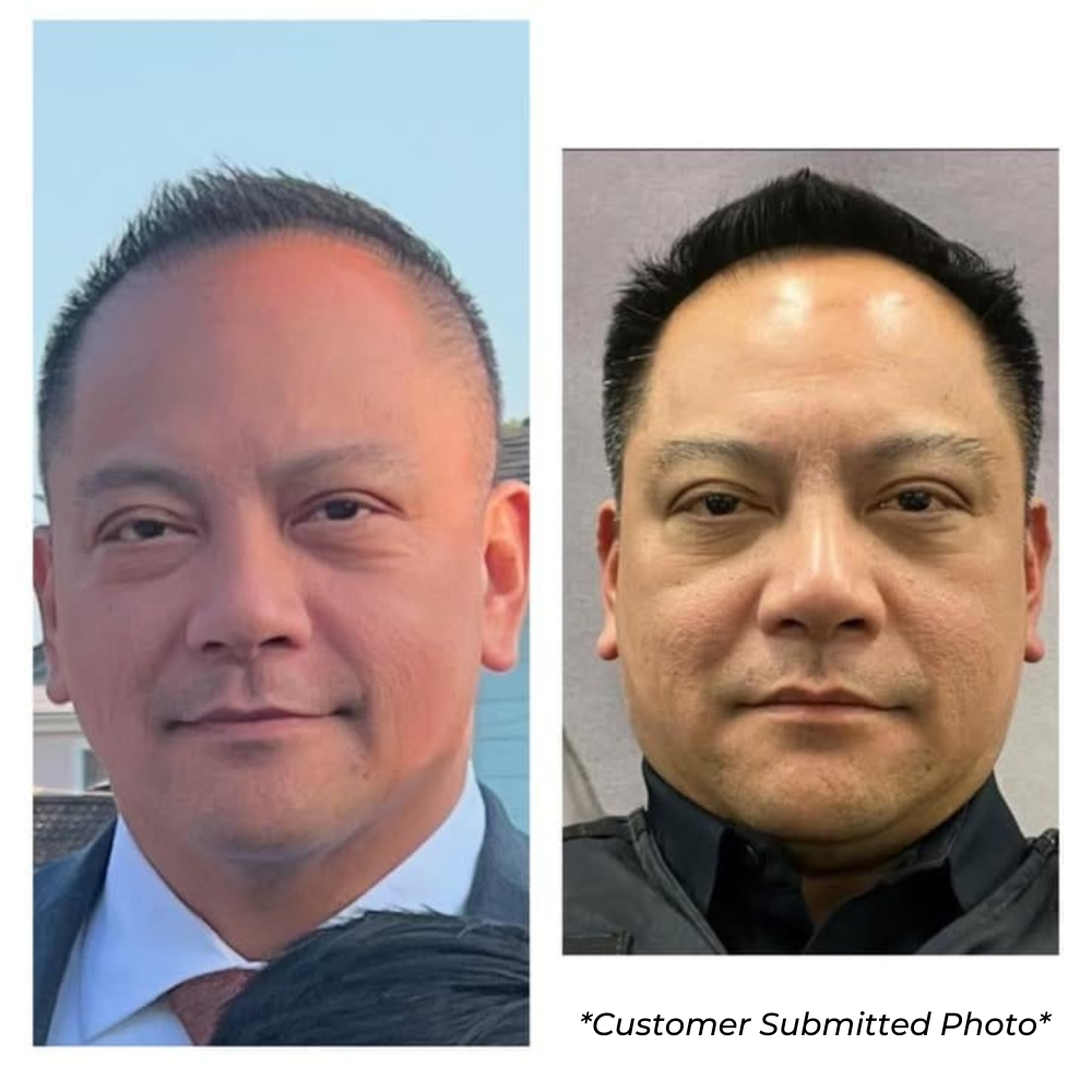 Two side-by-side photos of a man with a similar expression.