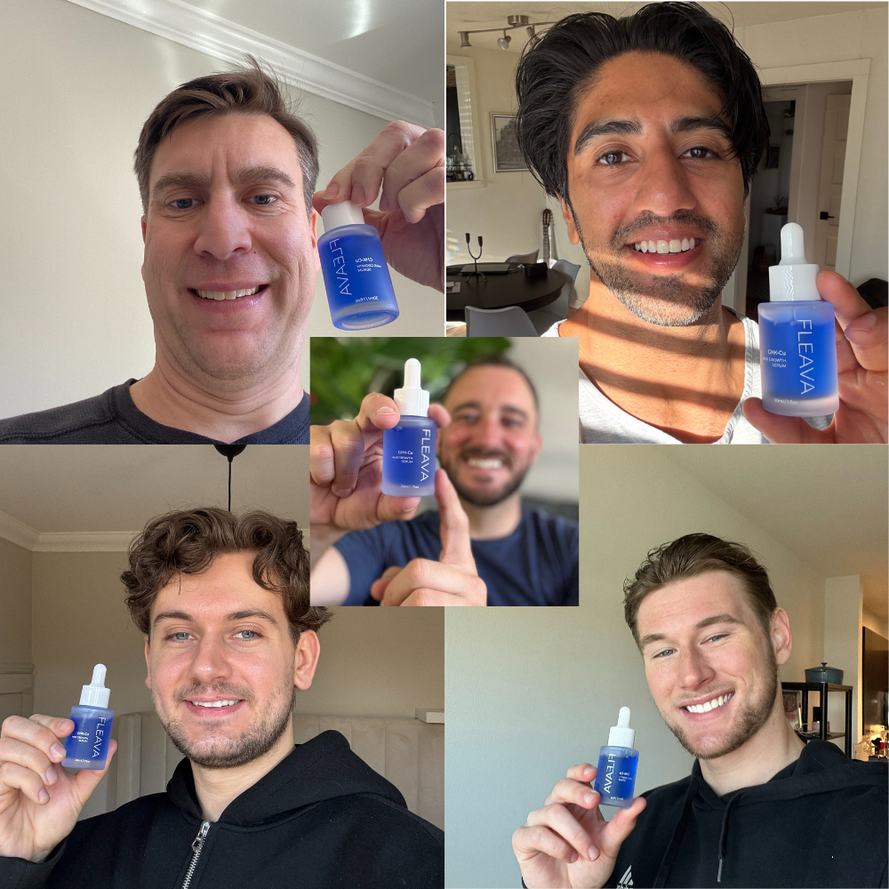 Five people holding bottles of FLEAVA skincare serum.
