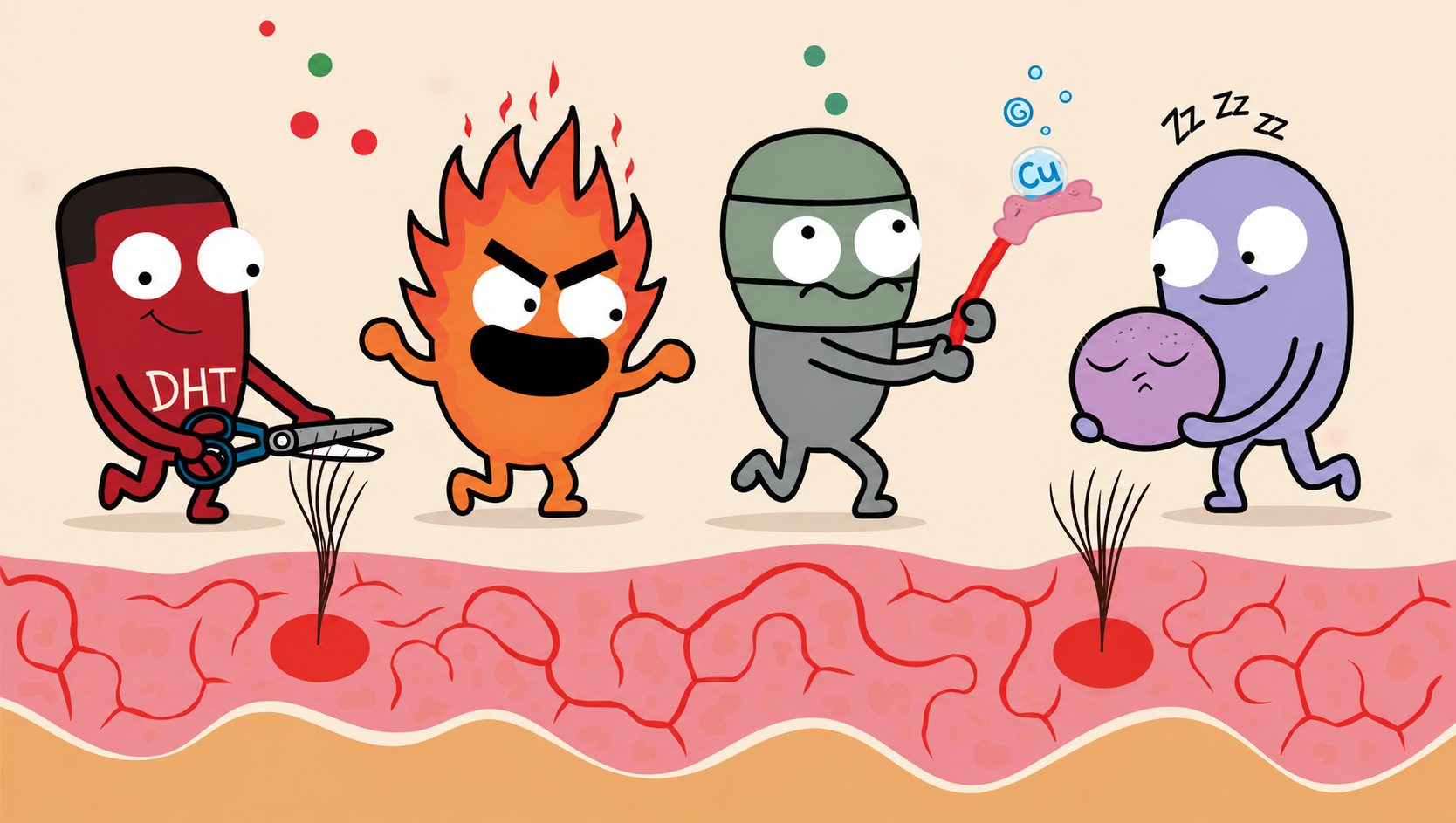 A cartoon illustration of characters representing DHT, inflammation, and other factors interacting with hair follicles in the skin.