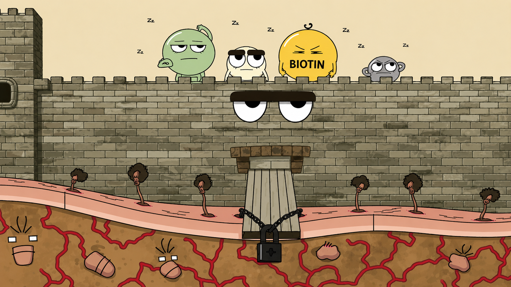 A cartoon of a brick wall over skin, with sleepy characters and one labeled 'Biotin' on top.