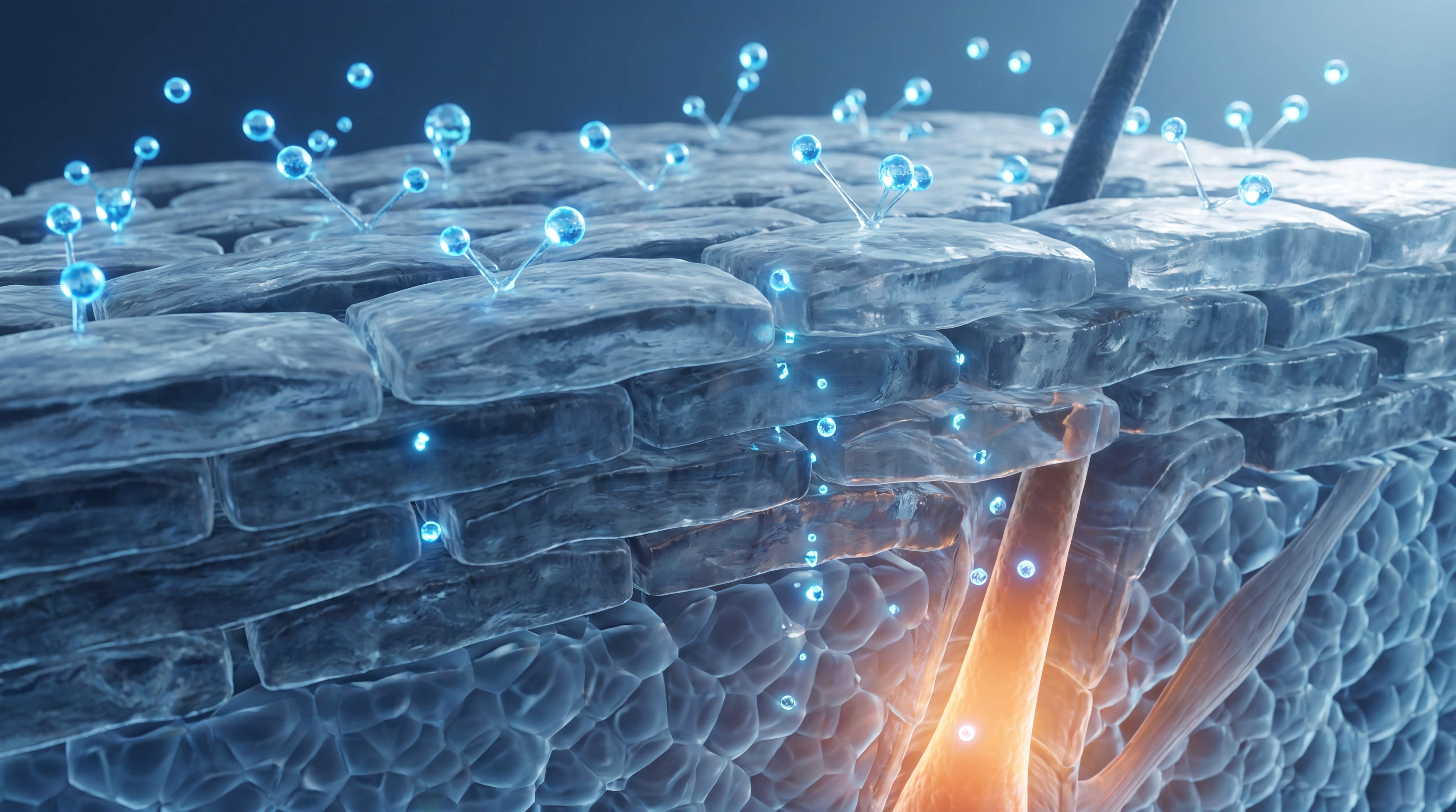 An illustration of glowing blue molecules interacting with layers of skin and a hair follicle.
