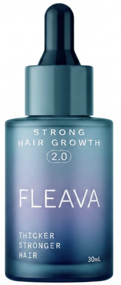 A blue dropper bottle of Fleava Strong Hair Growth 2.0 serum against a white background.