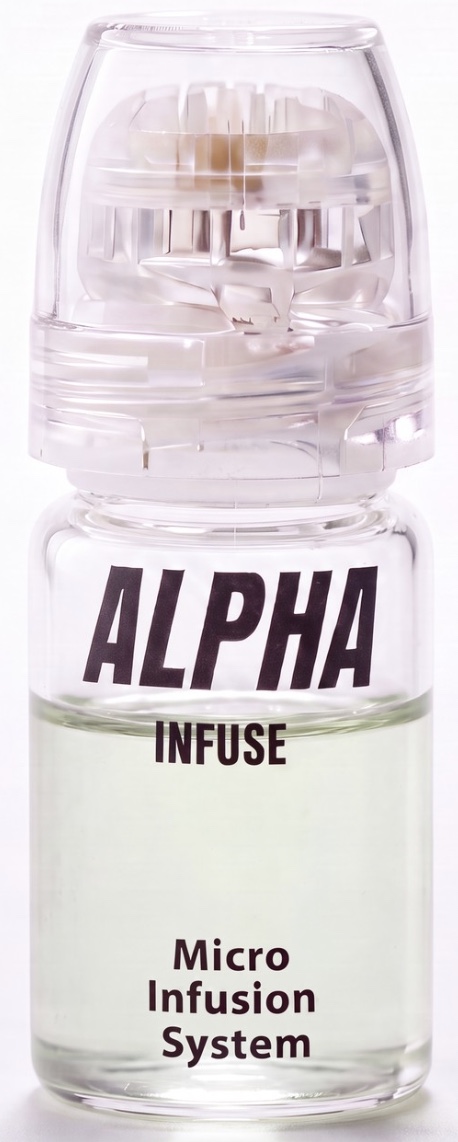A close-up of a glass vial labeled 'ALPHA INFUSE Micro Infusion System' on a white background.