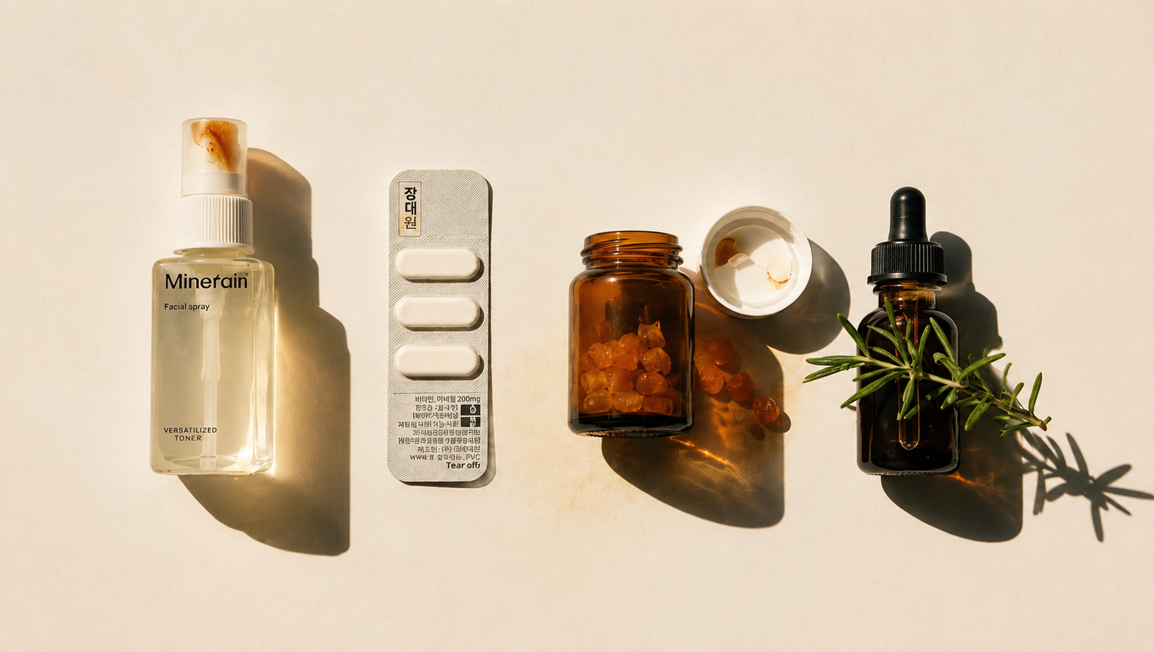 An assortment of beauty and wellness products including a facial spray, pills, and tinctures on a cream background.