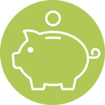 A white outline of a piggy bank and a coin on a solid light green circular background.