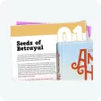 A graphic illustration of a stack of pamphlets, one titled 'Seeds of Betrayal' and numbered 01.