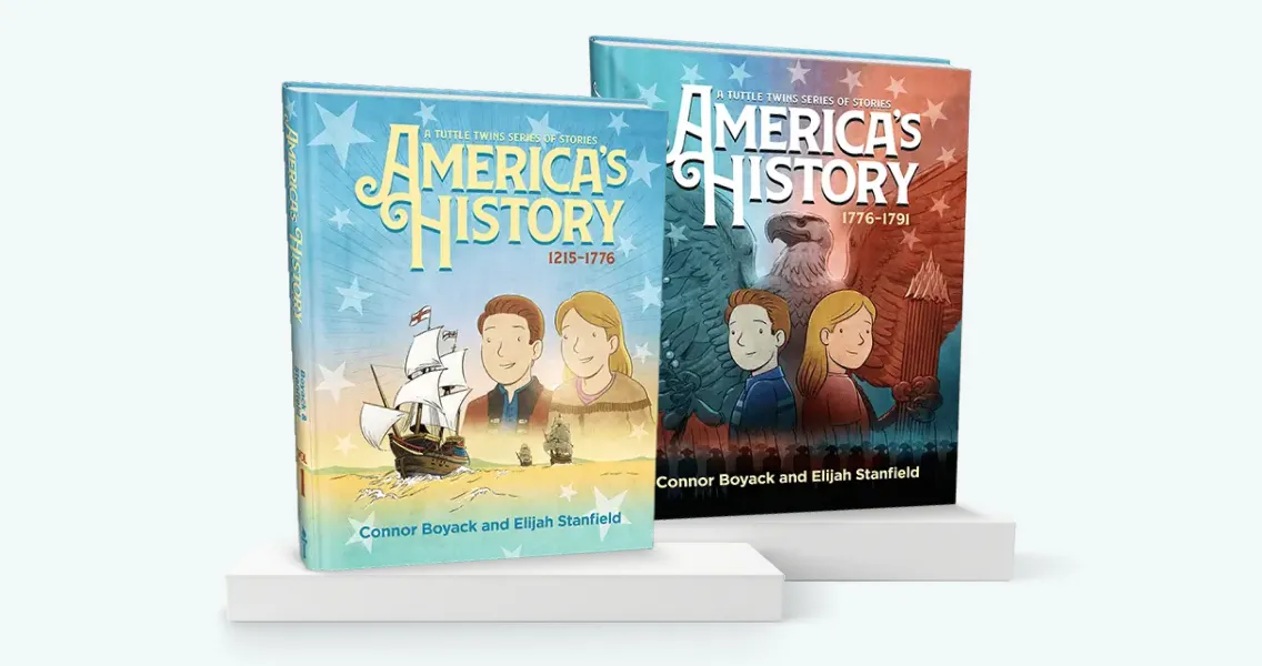 Two illustrated children's history books from the Tuttle Twins series titled 'America's History' displayed on white stands.