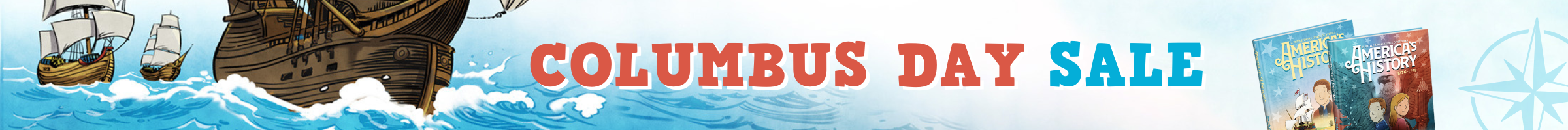 Illustration of ships at sea with text 'Columbus Day Sale' and two history books.