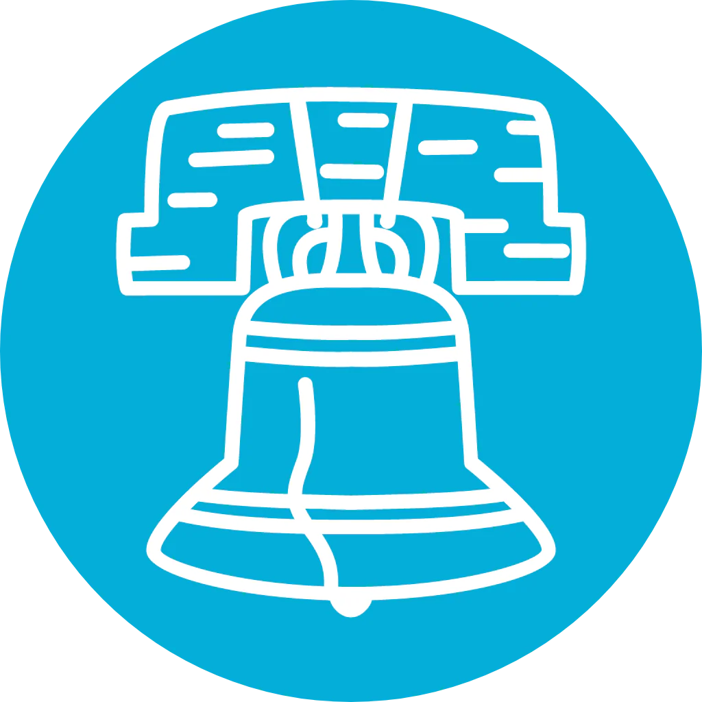 A white line art icon of the Liberty Bell on a blue circular background.