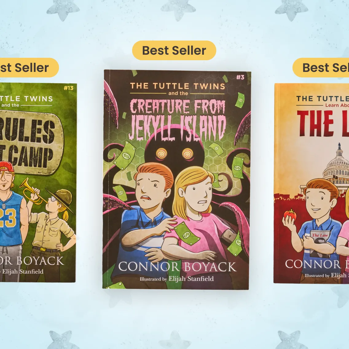 Three cartoon book covers labeled bestsellers, featuring 'The Tuttle Twins' adventure series.