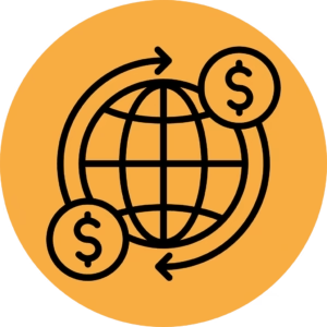 Icon of a globe with two dollar coins and arrows circling it, on an orange background.