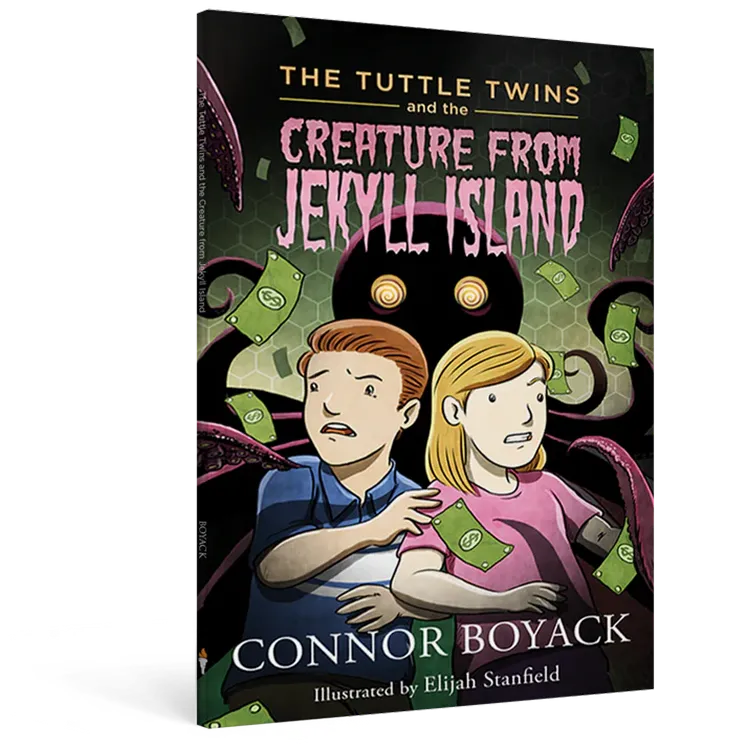 Book cover with two children and a creature with tentacles and money.