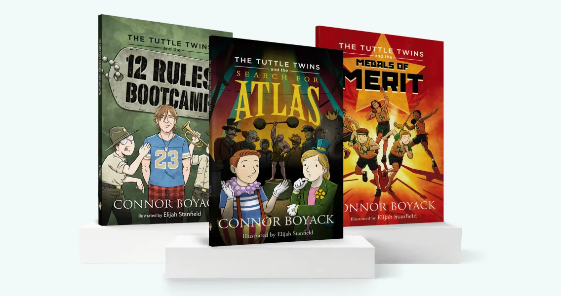 Three illustrated books from 'The Tuttle Twins' series displayed on white blocks against a plain background.