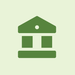 A green icon of a building with two columns and a triangular roof on a light green background.