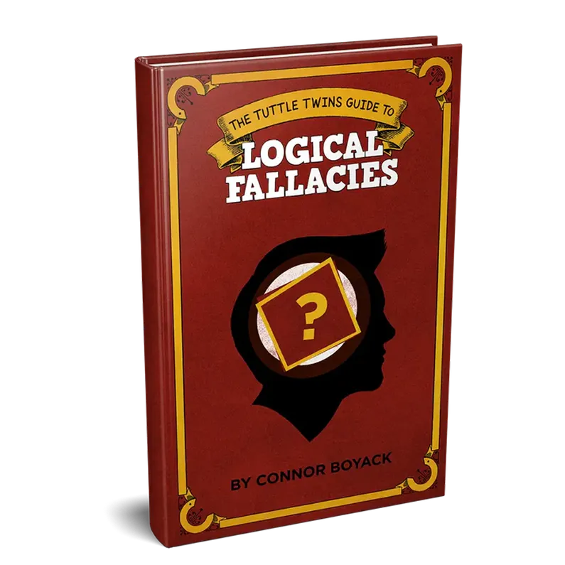 Red book cover titled 'Logical Fallacies' with a silhouette and question mark.