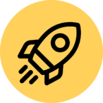 A simple black outline icon of a rocket taking off, inside a yellow circle.