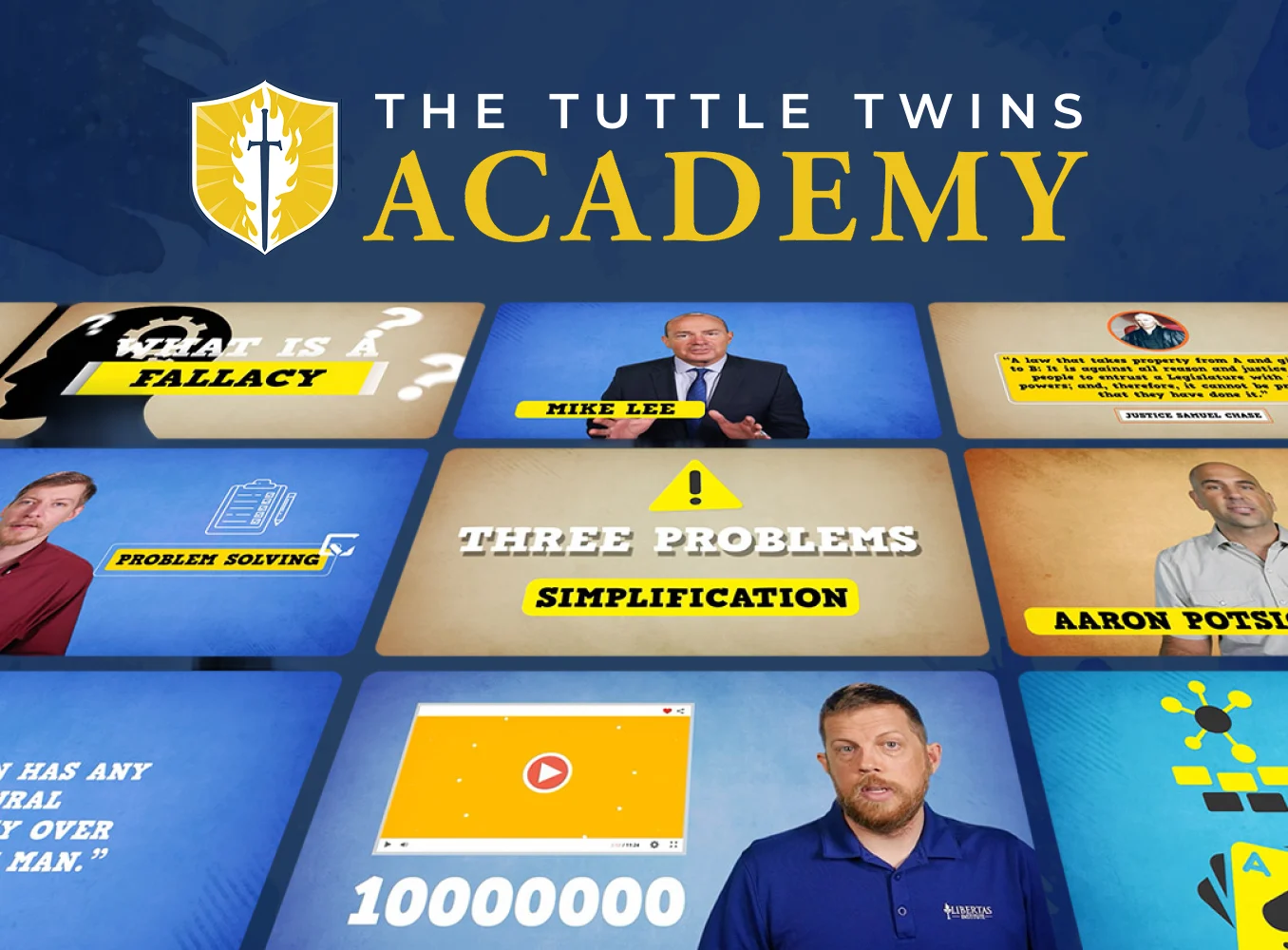 A collage of video thumbnails for 'The Tuttle Twins Academy,' featuring various speakers and topics.
