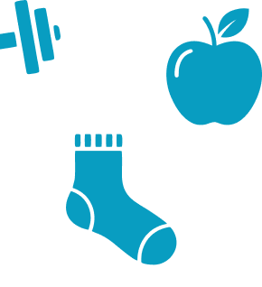 Blue icons of a dumbbell, an apple, and a sock on a white background.