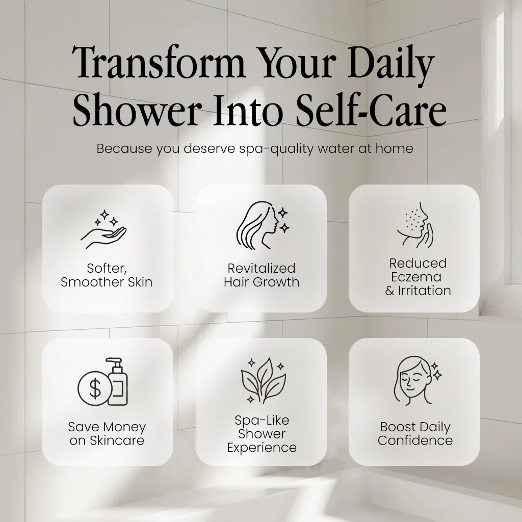 Infographic on shower benefits: smoother skin, hair growth, reduced irritation, skincare savings, spa experience, confidence boost.