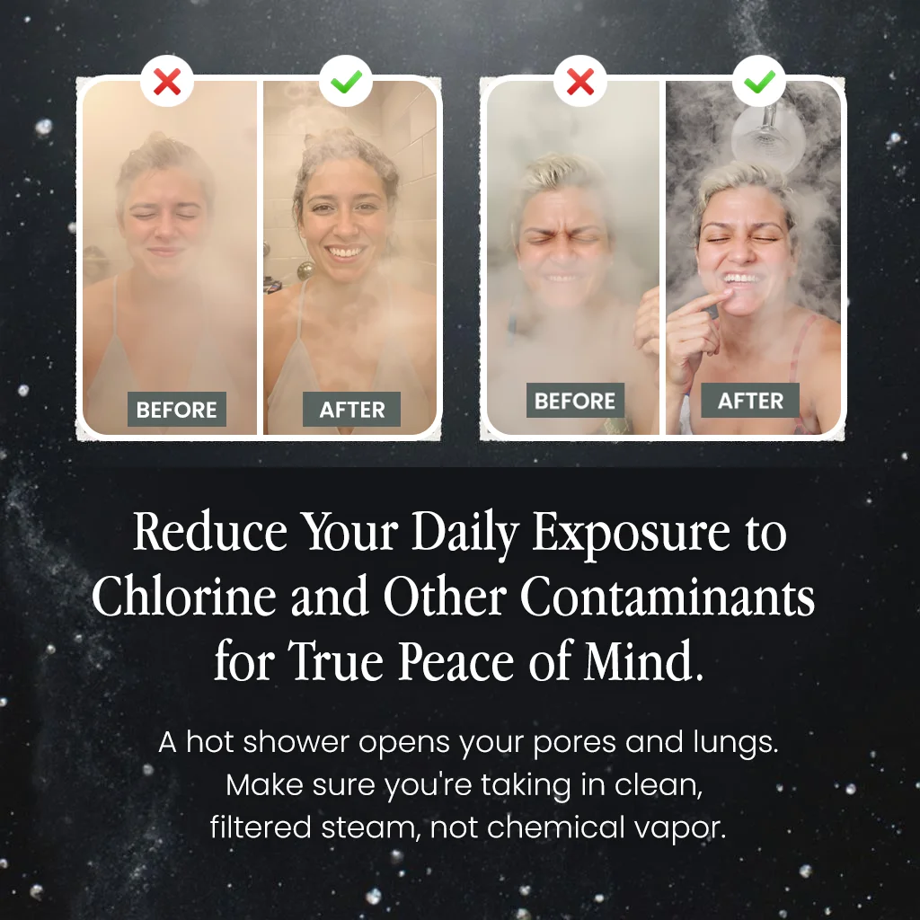 Two before-and-after shower images with text about reducing chlorine exposure.