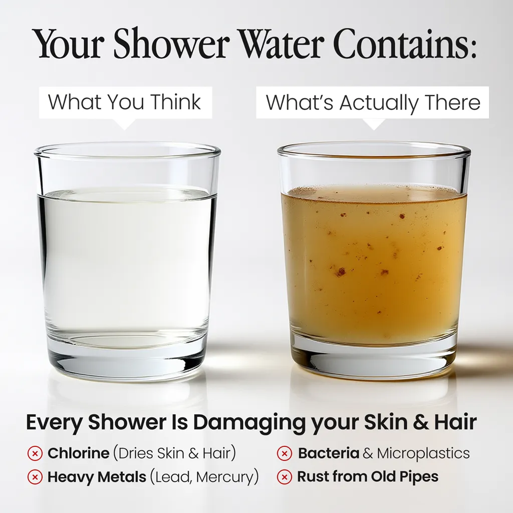 Two glasses of water, one clear and one dirty, with text about shower water contaminants.