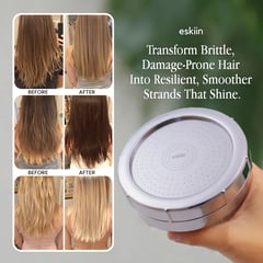 Hair before-and-after comparison photos beside a wall mount showerhead