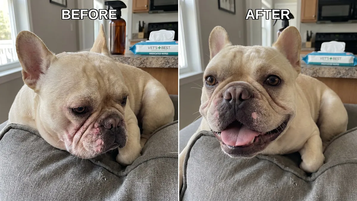 A before and after image of a French bulldog, showing a transformation from sad to happy.