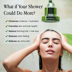 Wall mount showerhead above a woman showering, with shower benefits