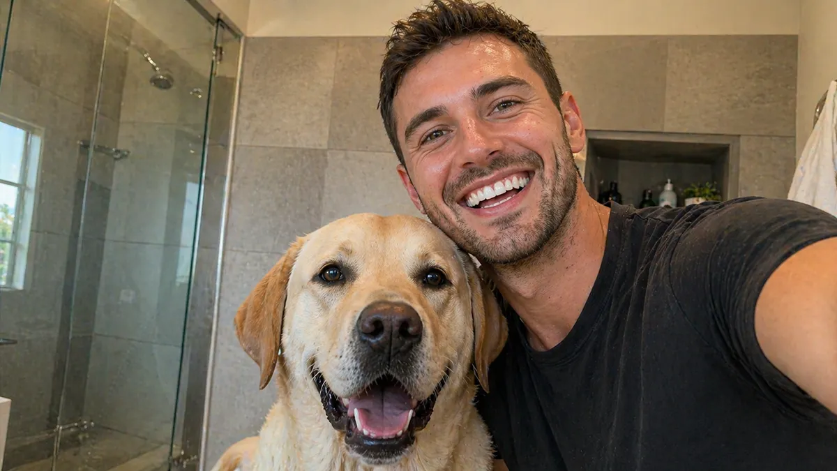 A smiling man takes a selfie with a yellow Labrador retriever in a bathroom.