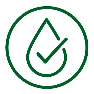 A green icon of a water droplet with a checkmark inside, enclosed in a circle.