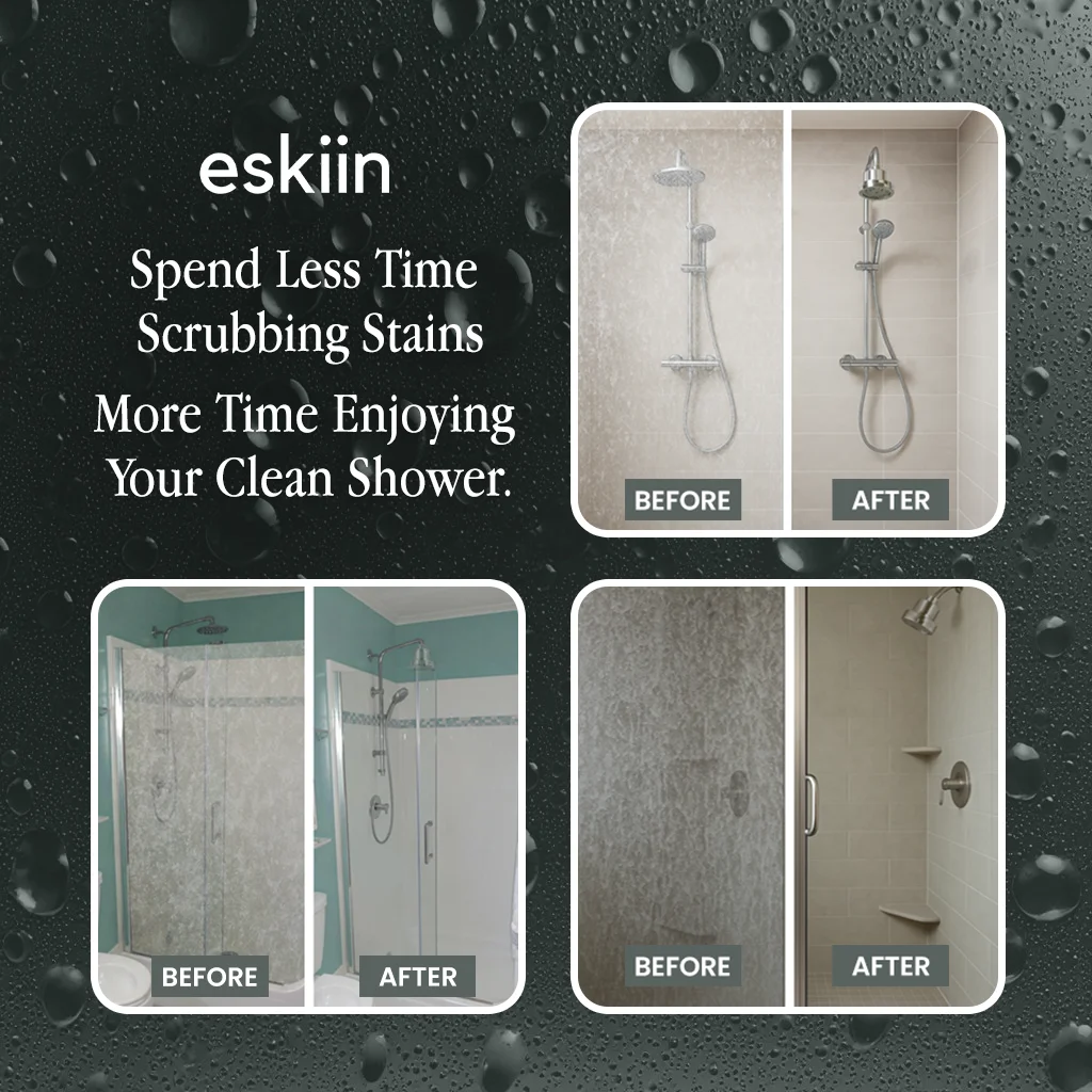 Advertisement showing before and after images of clean showers with text promoting less scrubbing.