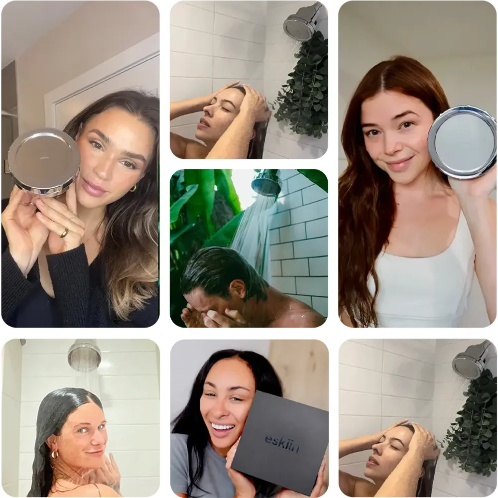 Collage of people using shower heads and holding an Eskin product.