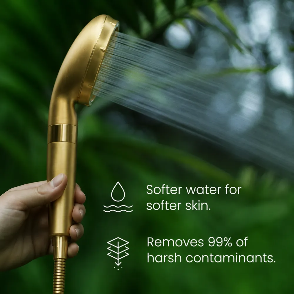 A hand holds a gold shower head spraying water against a green, leafy background with promotional text overlaid.