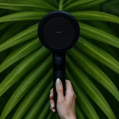 Black handheld showerhead held against green leaves